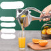 Manual juicer squeezing orange juice into a glass with text on a green background