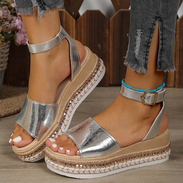 36-42 Sandals One-Strap Thick Sole Buckle Wedge Women's Glossy - Dio Kollections