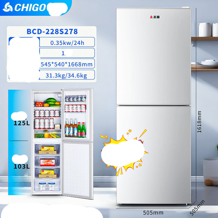 CHIGO refrigerator with open door showing interior compartments on a light blue background