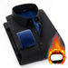 Folded black shirt with blue lining and flame graphic on a white background