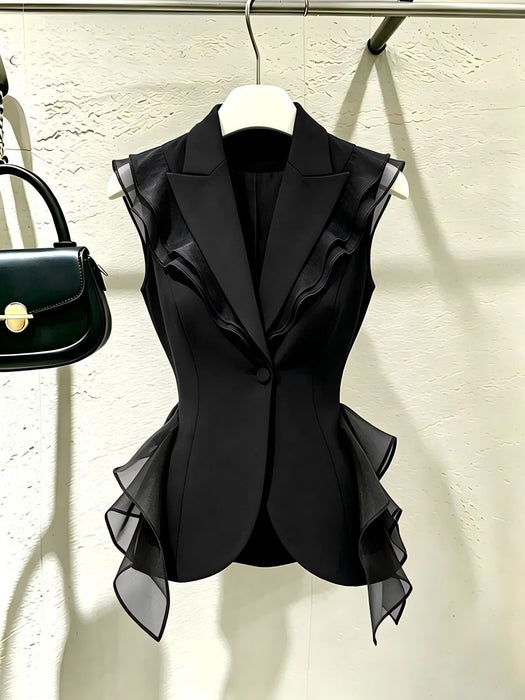 Dio Elegant Black Ruffled Top Stylish French Vest Sophisticated