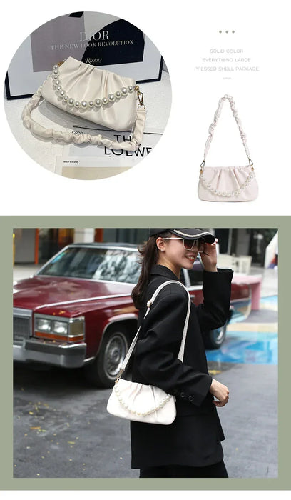 Collage of a white handbag with pearl embellishments and a woman carrying a similar bag outdoors.