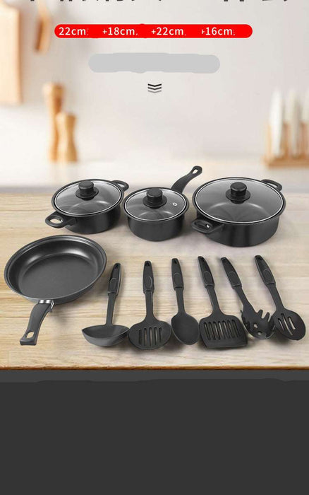 A 9-piece black non-stick cookware set displayed on a wooden surface, including three pots with lids, a frying pan, and six utensils. The image features Chinese text overlays highlighting the product features and sizes.