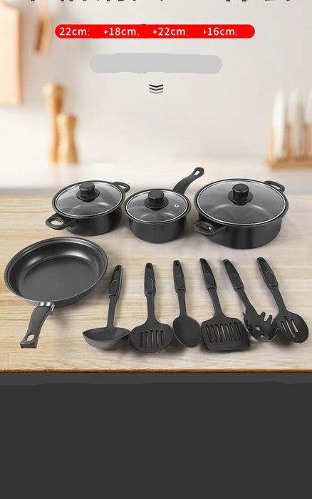 A 9-piece black non-stick cookware set displayed on a wooden surface, including three pots with lids, a frying pan, and six utensils. The image features Chinese text overlays highlighting the product features and sizes.