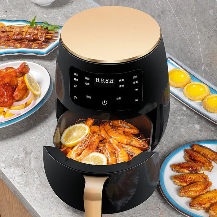 Black air fryer with digital display on a kitchen counter with cooked food around it.