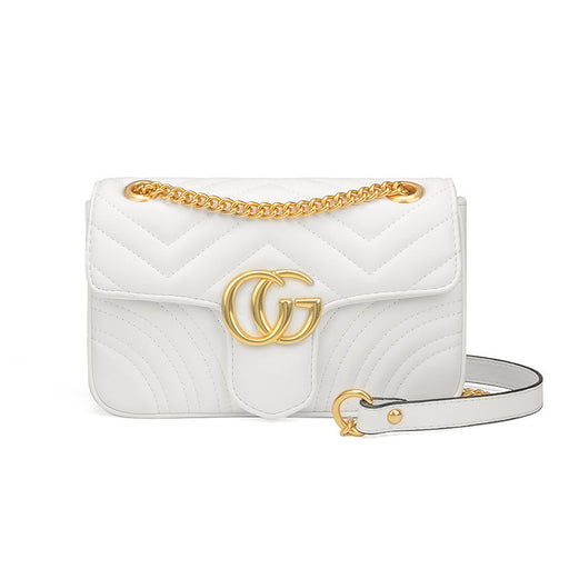 White quilted handbag with gold chain and logo on a white background