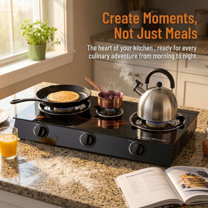 Portable stove top with cooking items on a kitchen counter, featuring a kettle, pan, and pot.