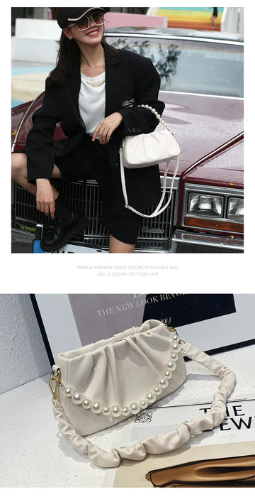 Woman in black coat with white handbag in front of vintage car, close-up of beige handbag with pearl details on white surface.