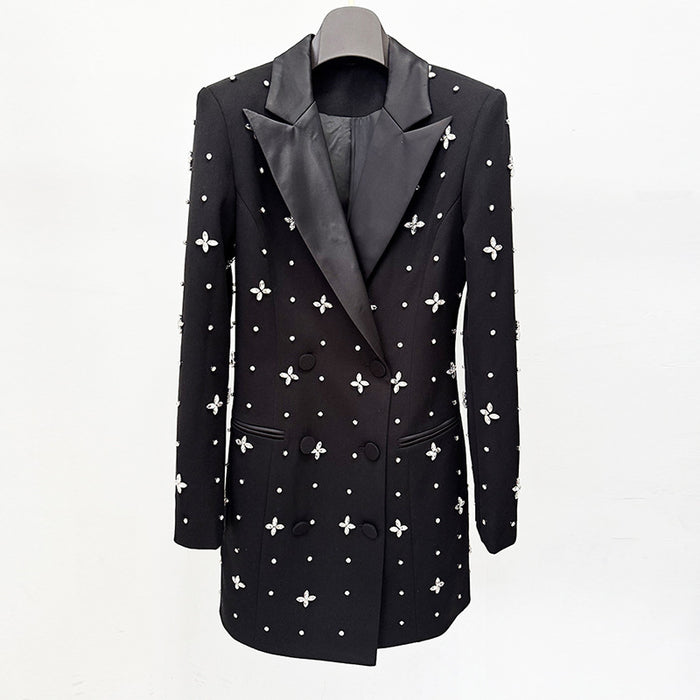 Black coat with white floral patterns on a white background