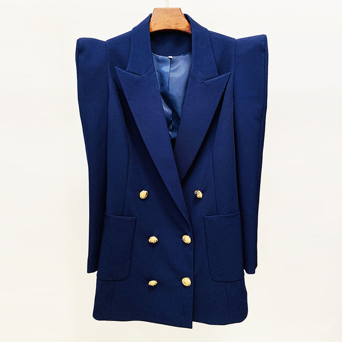 Blue blazer with gold buttons on a white background