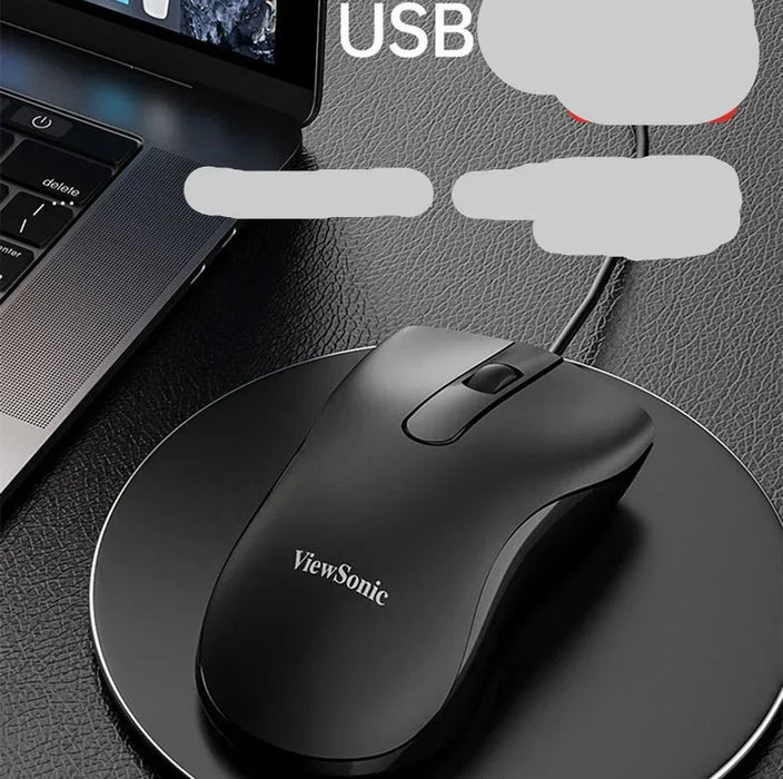 Black ViewSonic mouse connected to a laptop on a textured surface with text in Chinese.
