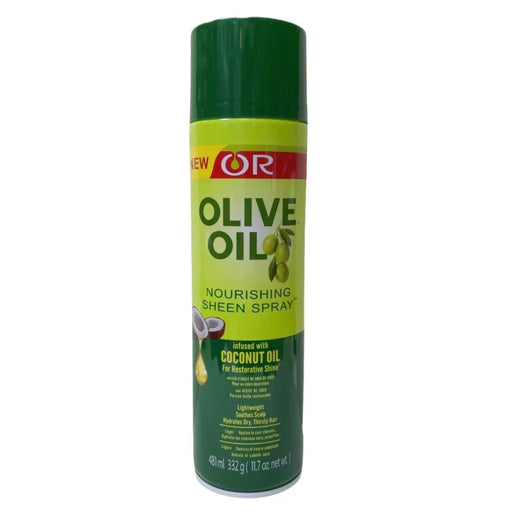 Olive oil spray can with green and yellow label on a white background