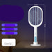 Electric fly swatter with dimensions and features on a dark background