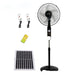 Solar-powered standing fan with solar panel and remote control on a white background
