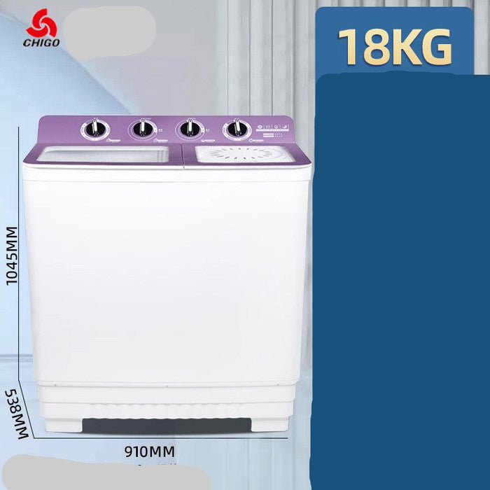 White and purple washing machine with specifications on a blue background