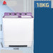 White and purple washing machine with specifications on a blue background