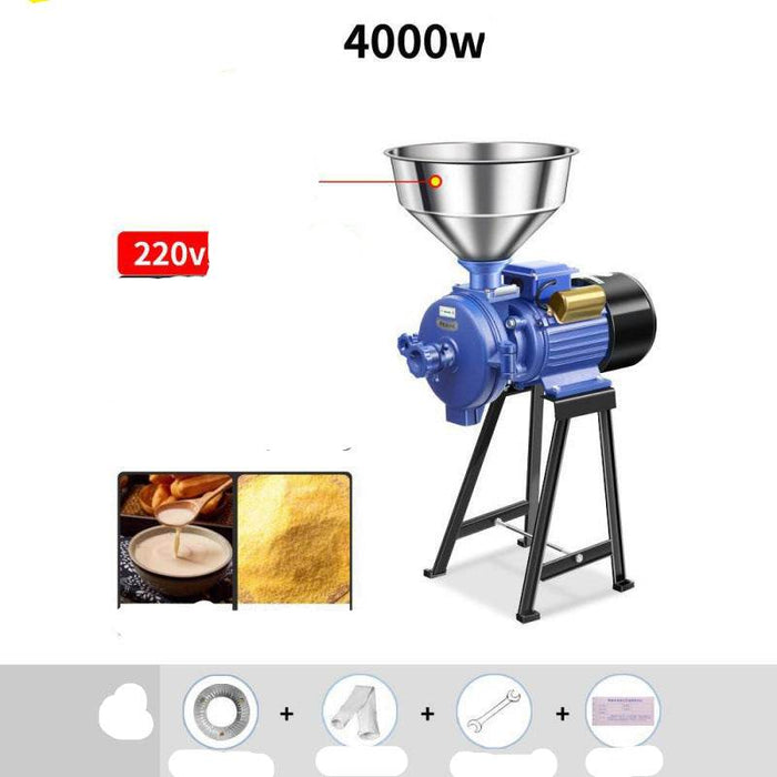 Blue grain mill with text on a white background