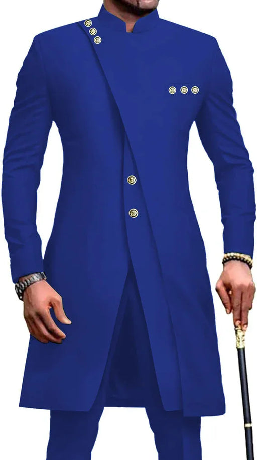 Blue formal coat with gold buttons on a white background
