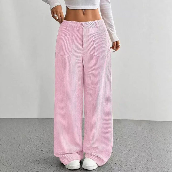 Corduroy High-Waisted Loose Floor-Length Wide-Leg Pants Front and Back Pockets