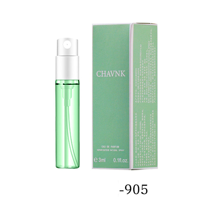 Green perfume bottle and packaging with 'CHAVNK' branding on a white background