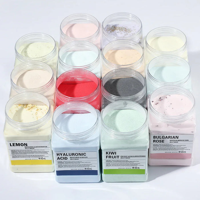Assorted skincare products in containers with visible labels on a white background