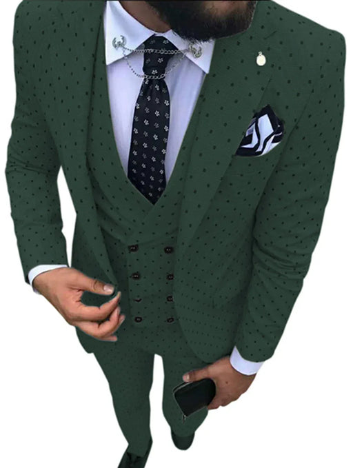 Green patterned suit with white shirt and black tie on a plain background