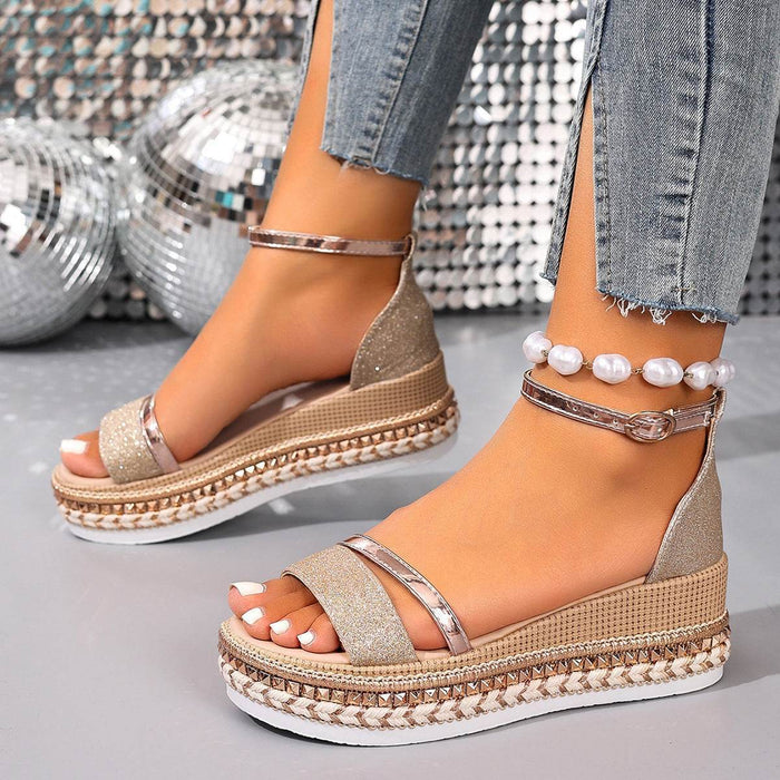 36-42 Sandals One-Strap Thick Sole Buckle Wedge Women's Glossy - Dio Kollections