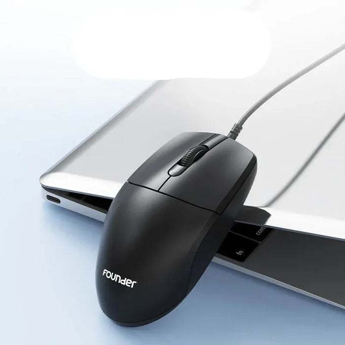 Black computer mouse with 'founder' branding in front of a laptop on a light blue background.