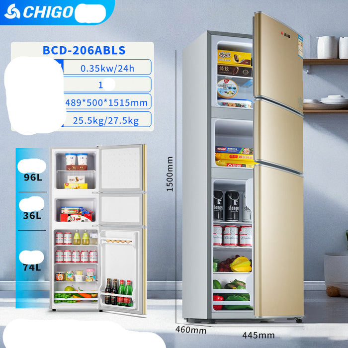 Chigo refrigerator with open doors showing interior and dimensions on a white background