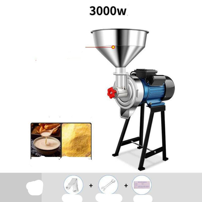 Stainless steel grinder with text on a white background