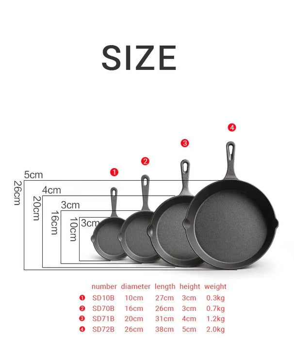 Set of black cast iron skillets with size measurement chart on a white background
