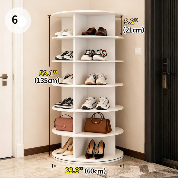 White shoe rack with shoes and handbags, showing dimensions, in a room setting.