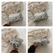 Silver sequin clutch bag with gold handle held by a person on a light background