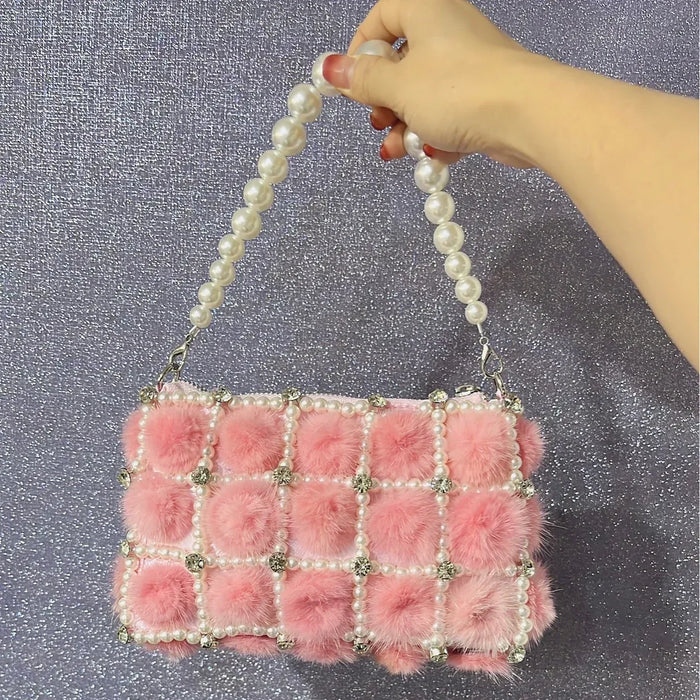 Pearl Diamond Chain Mink Fur French Fairy Single Shoulder Crossbody Bag