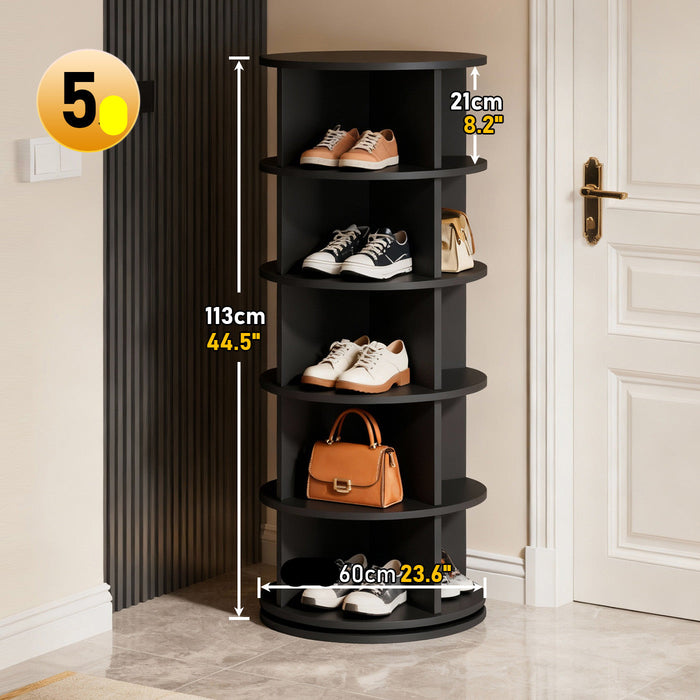 Black shoe rack with shoes and handbags, showing dimensions, in a room setting.
