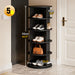 Black shoe rack with shoes and handbags, showing dimensions, in a room setting.