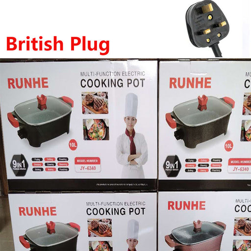 RUNHE cooking pot packaging with British plug illustration on a white background