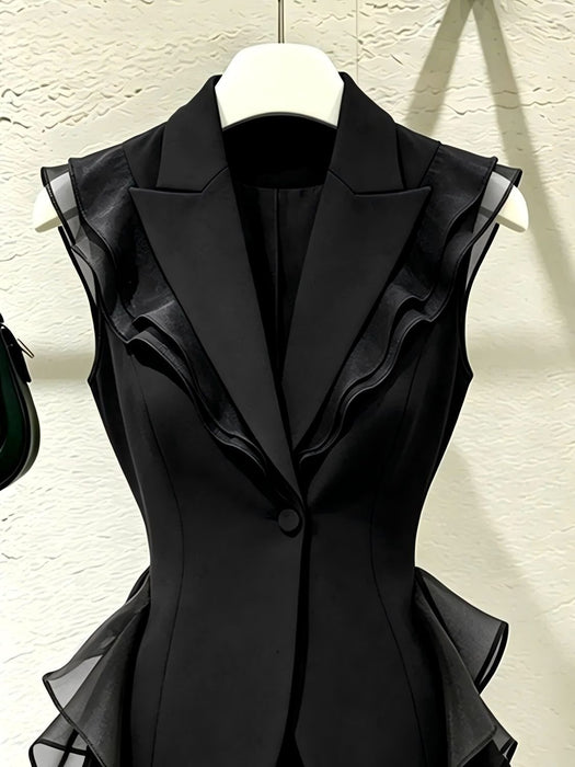 Dio Elegant Black Ruffled Top Stylish French Vest Sophisticated