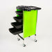Green and black rolling cart with multiple compartments on a white background