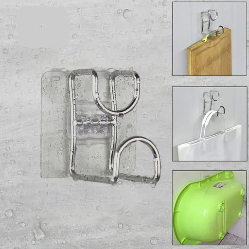 Clear plastic hook with multiple attachments on a gray background
