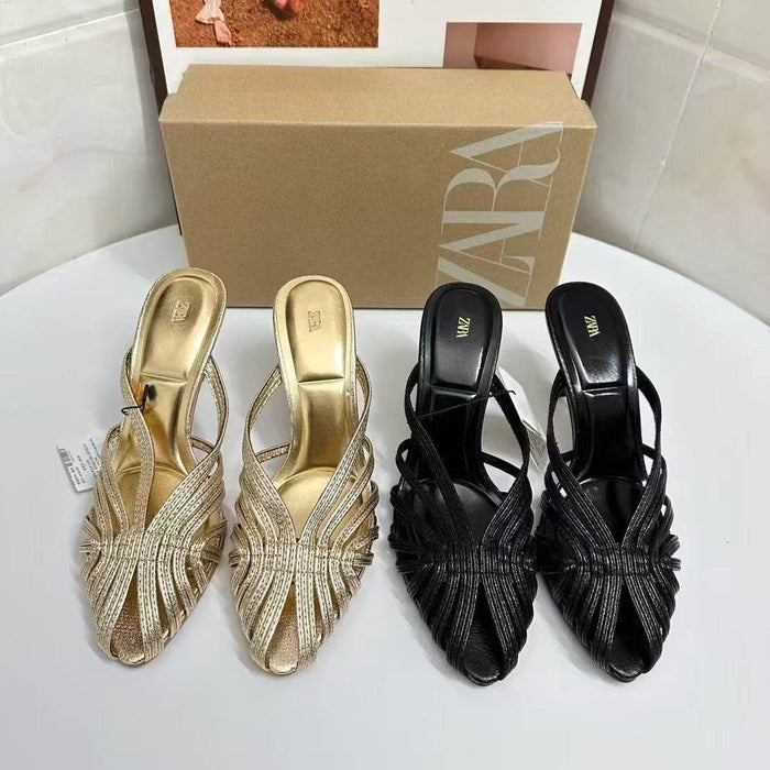 Elegant Gold and Black Mid-Heel Women's Shoes with Buckle and Strap Size 35-42