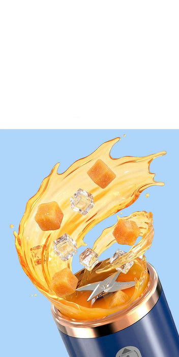 Fruit juice being squeezed with a blue background and text in Chinese.