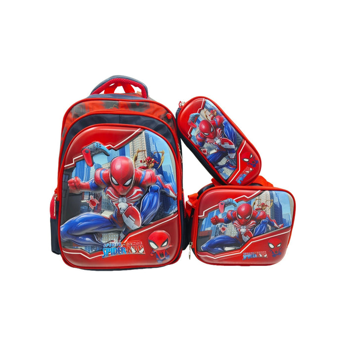Spider-Man themed backpack and lunch bag set on a white background