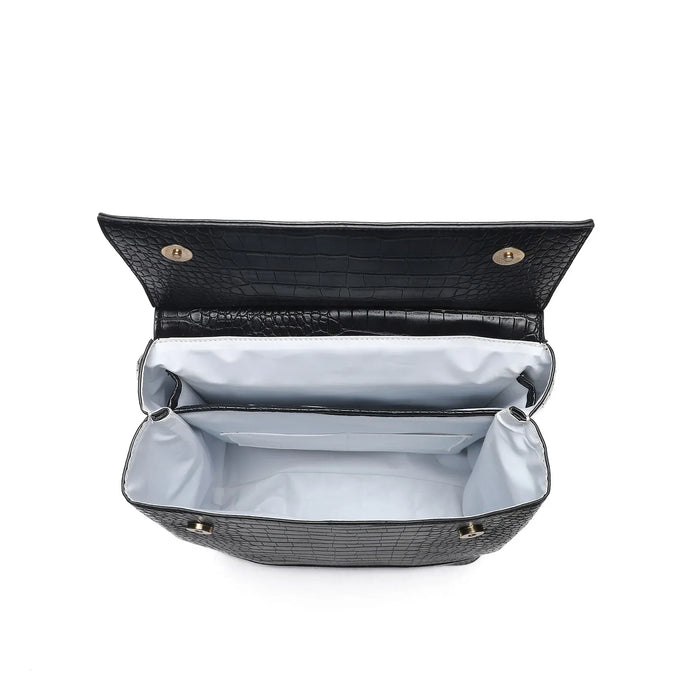 Black handbag with open design on a white background