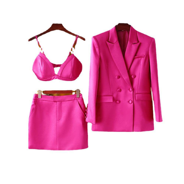 Three-piece Suit With High-end French Vintage Satin Glossy Blazer Tank Top Skirt - Dio Kollections