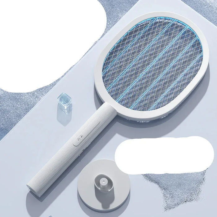 Electric fly swatter with grid design on a light blue background