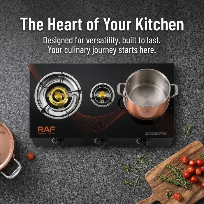 Two-burner gas stove with a pot on a dark surface, featuring RAF branding.
