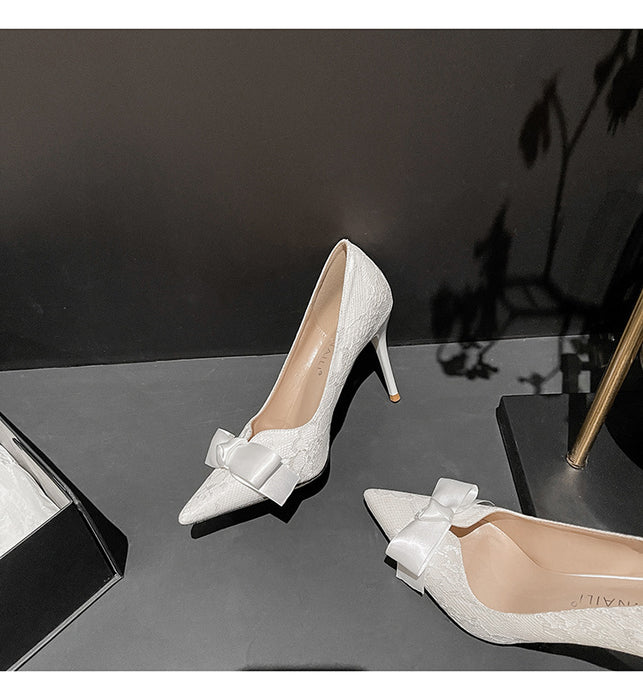 Western-Style High Heel Bow Lace White Wedding Stiletto Banquet Shoes