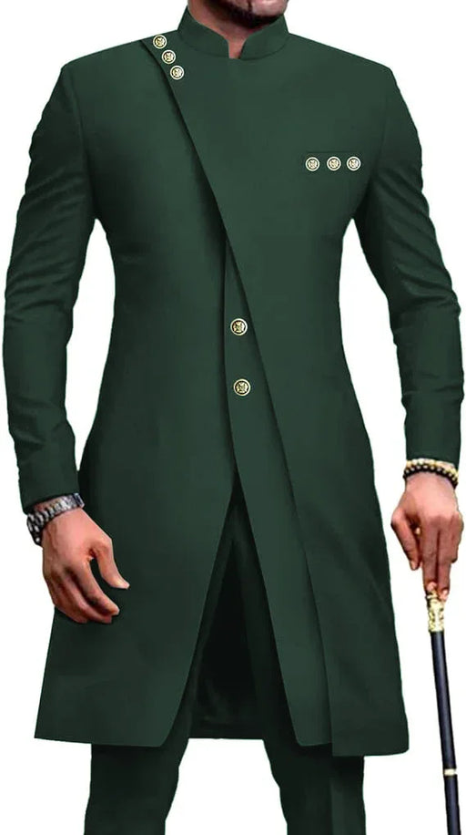 Green formal coat with gold buttons on a white background