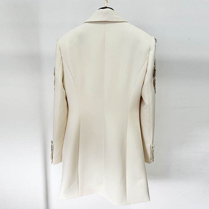 Beige Lace Step Skirt Dress with Green Fruit Collar and Diamond Accents Blazer - Dio Kollections